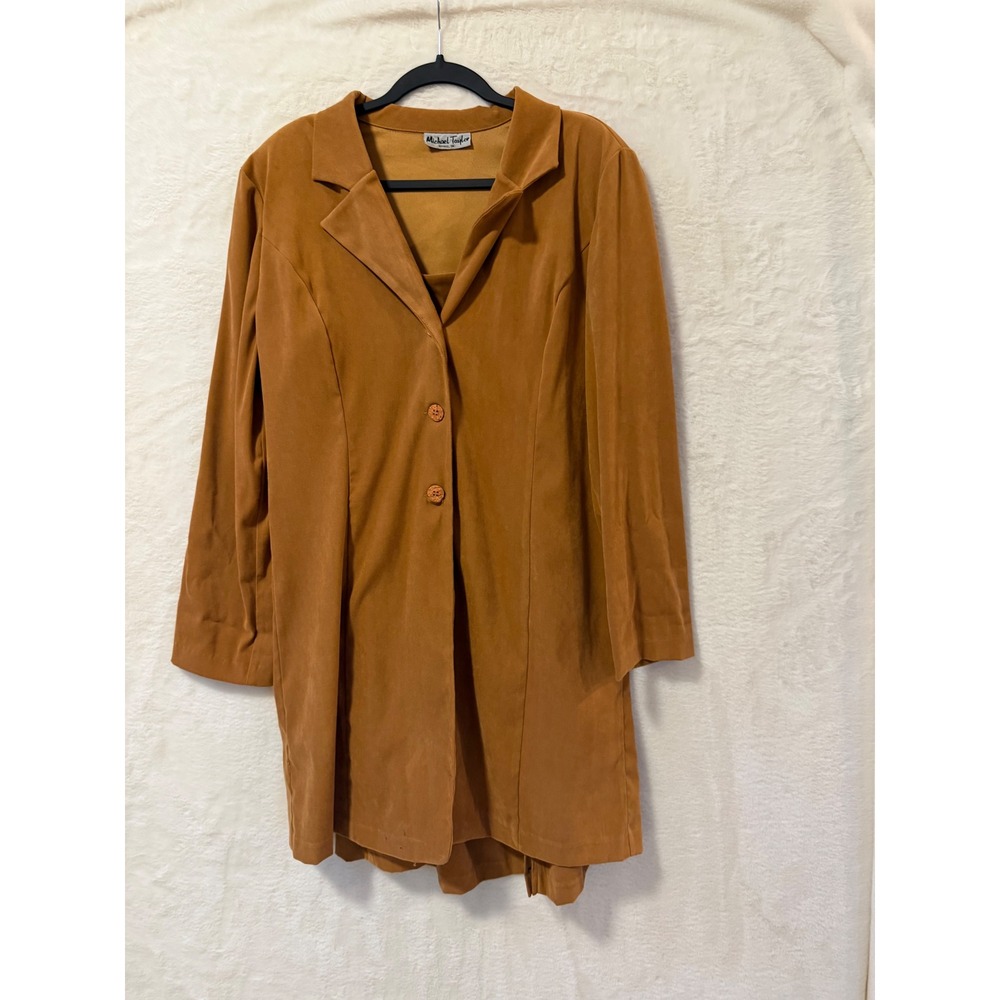 Michael Taylor Vintage 90s Dress Set Jacket 2 Piece Faux Suede Camel Brown L XL